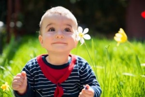Toddler in Field with Flowers